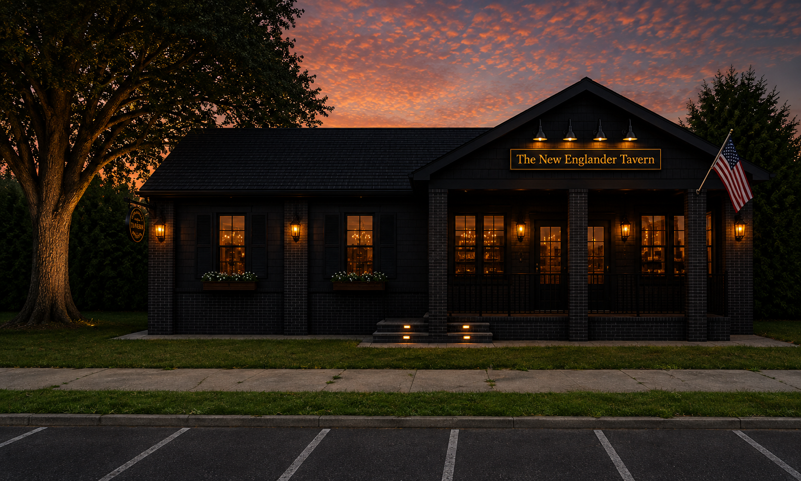 Exterior rendering of The New Englander Tavern at dusk