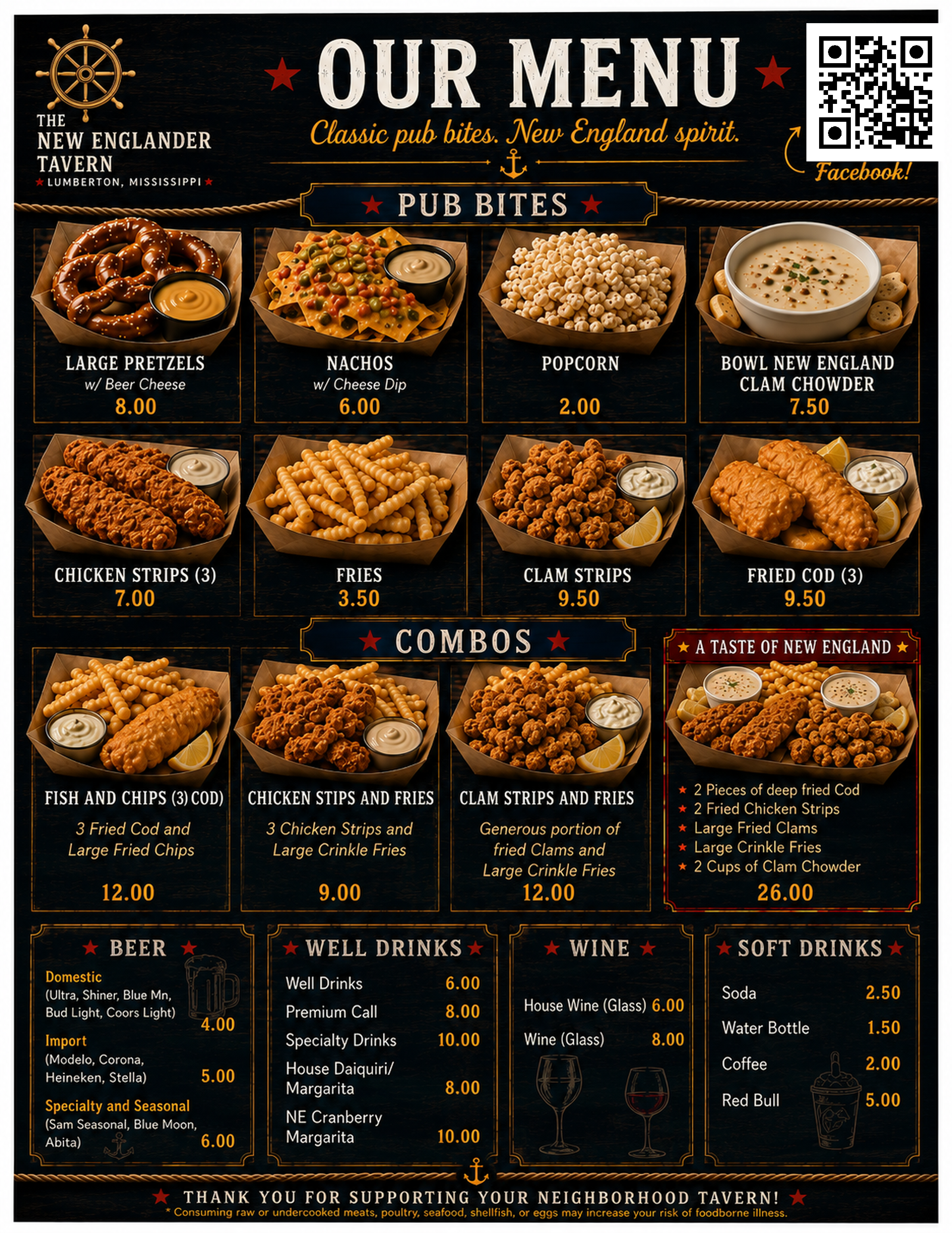 The New Englander Tavern menu featuring pub bites, combos, beer, well drinks, and soft drinks.